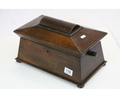 19th Century Rosewood Tea Caddy with two lift out compartments and central section for Mixing bowl, stands on bun feet, missi