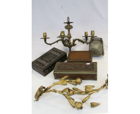 Three vintage Wooden boxes, pair of Gilt metal Wall sconces and a ceiling Light