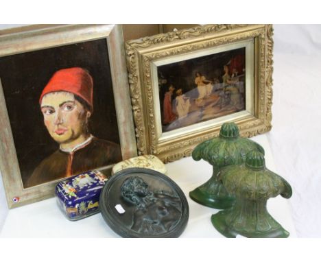 Mixed collectables to include, framed Oil on board Portrait, Chrystoleum picture, pair of metal wall pockets, Lacquered boxes