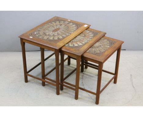 Retro Nest of Three Danish Teak Side Table with Tiled Tops stamped underneath ' Made in Denmark ', largest table 55cms x 40cm