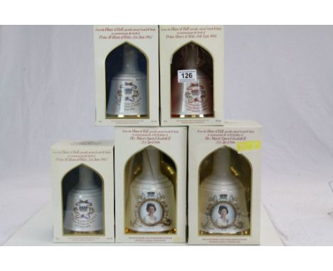 Five boxed ceramic Bells unopened bottles of Commemorative Whisky, all with Royal Birth or Birthday themes
