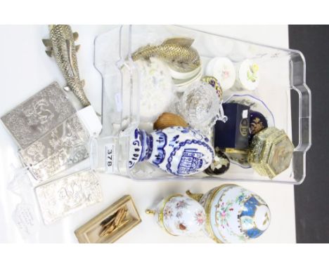Box of mixed Ceramics and other collectables to include trinket boxes, Chinese White metal scroll weights etc