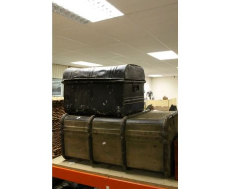 Vintage Bentwood Bound Travelling Trunk and a Tin Trunk with ' Overland Dress Box ' makers label