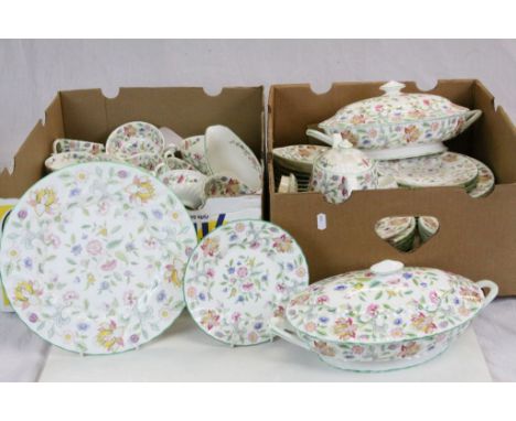Two boxes of Minton ceramic dinner wares in "Haddon Hall" pattern