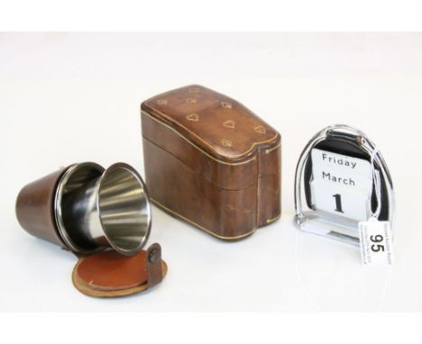 Leather Playing card box for two packs, a Hunt themed desk top calendar and a Leather cased stacking set of Danish Stirrup cu