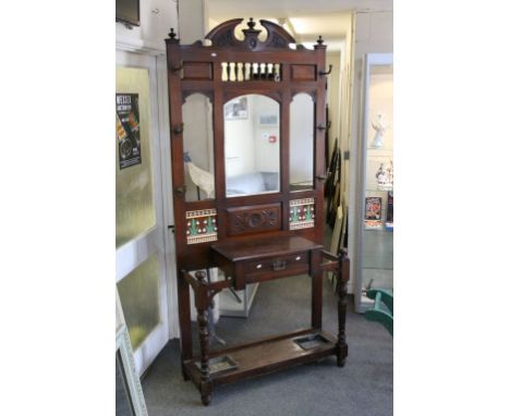 Late Victorian Walnut Hall Stand with Central Mirror, Six Brass Coat Hooks, Tiled Back and Glove Drawer flanked by Two Stick 