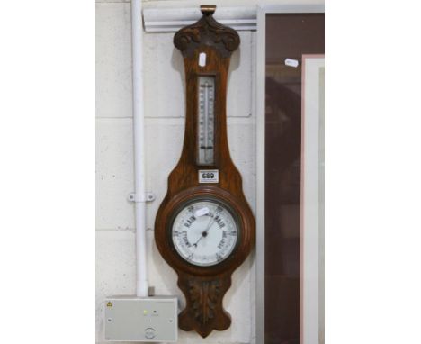 Late 19th / Early 20th century Oak Cased Wall Hanging Barometer and Thermometer, 64cms high