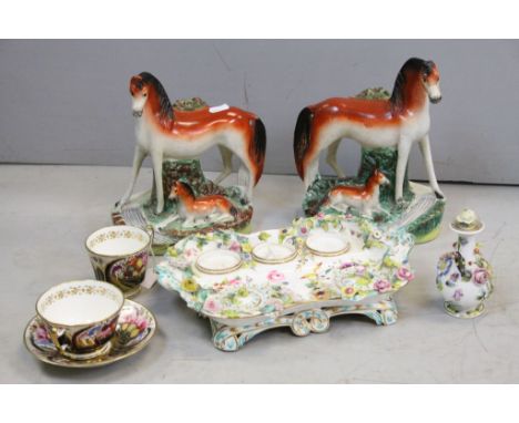 Collection of 19th century and Early Ceramics including Pair of Staffordshire Horse and Foal Figures, Hand Decorated Two Cups