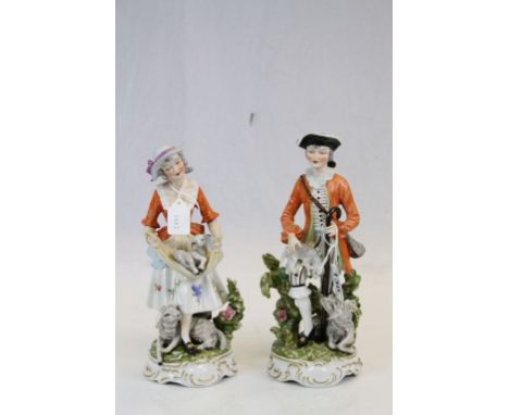 Pair of Dresden ceramic figures with Lambs, numbered 631 &amp; 632, the tallest standing approx 26cm