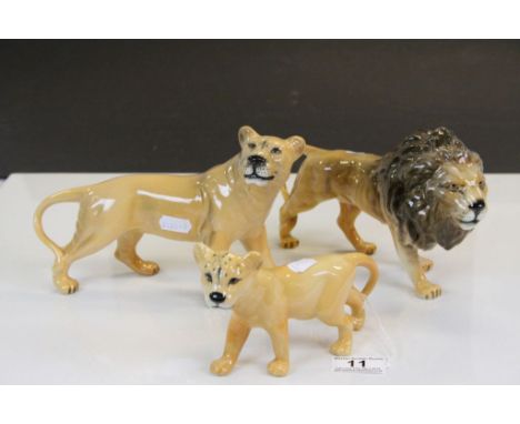 Beswick ceramic Animal group comprising; Lion, Lioness &amp; Cub, Lion approx 13cm tall