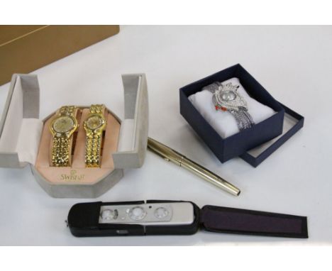 Two boxed Wristwatch sets, a 12ct Gold plated Fountain pen and a leather cased Minox Sub-miniature Spy camera