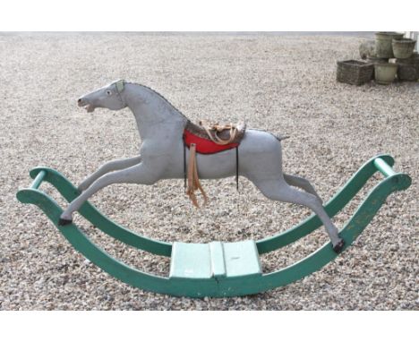 19th century Wooden ' Racehourse ' Rocking Horse on Bow Rocker Base, appears to be original leather brass studded saddle with