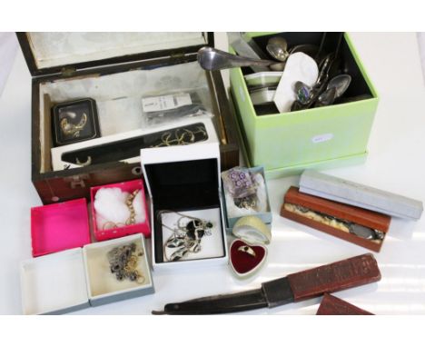 Mixed Silver plated cutlery plus a Wooden box of mixed collectables to include Swarovski Jewellery, cased Cut throat Razor, S