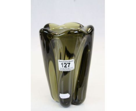 Heavy vintage art glass vase, with ground out pontil to base, stands approx 19cm (possibly Whitefriars)