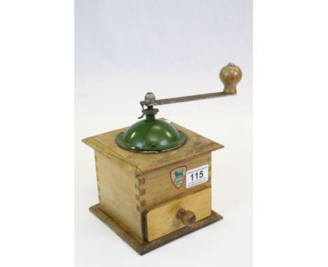 Vintage French Wood &amp; metal Coffee Grinder with integral drawer and label reading "Peugeot Freres", measures approx 14 x 