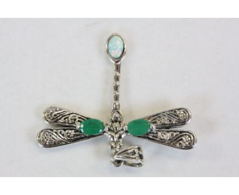 Silver Dragonfly Pendant Necklace with Opal Panel