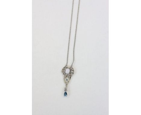 Silver Art Nouveau Style Pendant Necklace with Central Opal and Topaz Drop