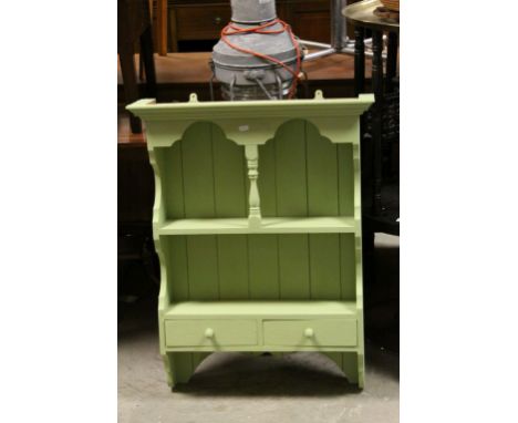 Pine Cottage Gage Green Painted Kitchen Hanging Shelf with Two Shelves above Two Drawers, 67cms wide x 85cms high