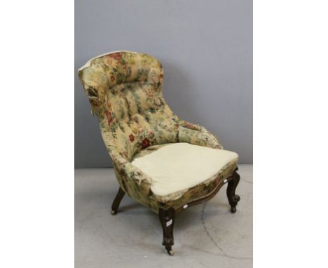 Victorian Button Back Ladies Salon Chair on Carved Scroll Front Legs and Castors