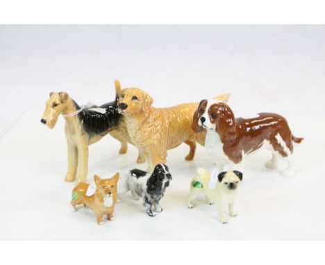 Six Beswick ceramic Dogs to include; Corgi, Pug, Airedale etc