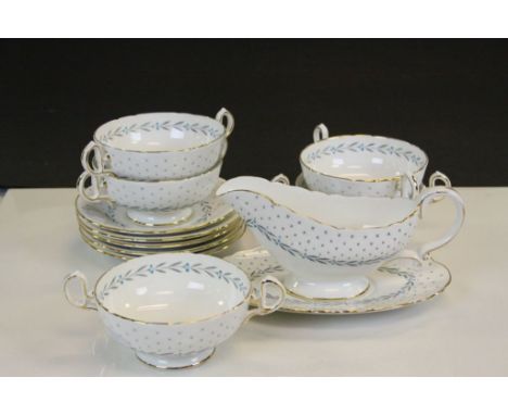 Royal Chelsea ' Heraldic ' Ceramics including Gravy Boat and Stand plus Five Soup Bowls and Five Soup Bowl Saucers