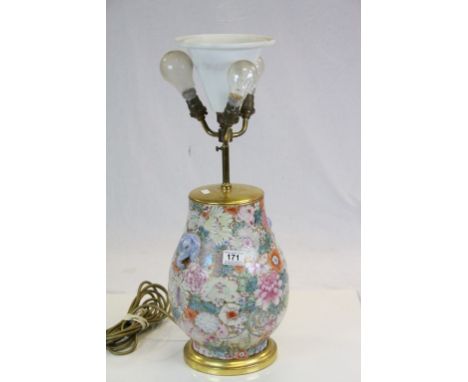 Antique Chinese ceramic Vase lamp with extensive coloured Floral decoration and blue Elephant masque detailing, comes with vi