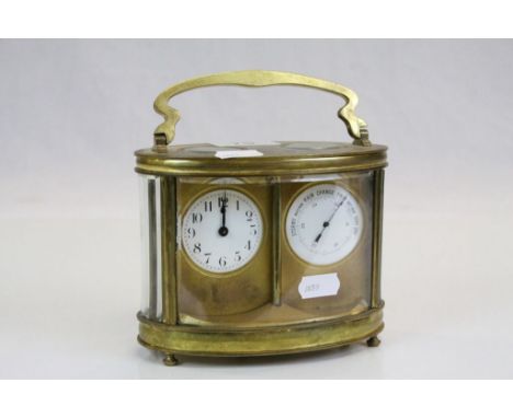 Carriage Clock style combination key wind Clock/Barometer, Brass with Bevelled glass panels and Enamel dials, has Lion maker 