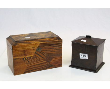Vintage Oriental Wooden tea caddy with Geometric inlay &amp; Lacquered inner compartments and a Single container Hardwood cad