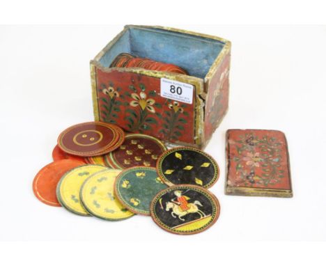 Group of Vintage Indian Circular Playing Cards, each with hand painted design contained in a Painted Wooden Box
