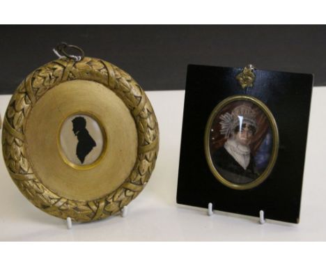 19th Century Ebonised framed &amp; glazed Miniature Portrait of a Victorian Lady plus a Gilt wooden framed &amp; glazed Silho