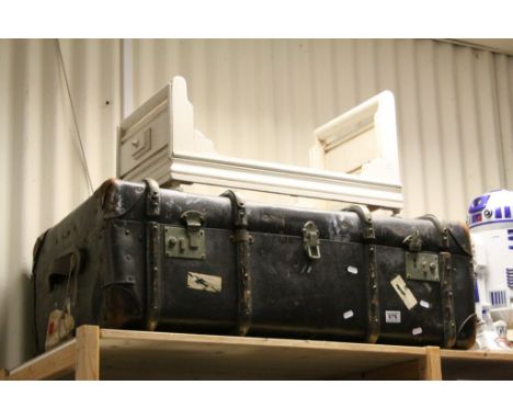 Vintage Wooden Bound Travelling Trunk and a Painted Wooden Dolls Bed