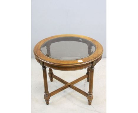 Mahogany Effect Empire Style Circular Lamp Table with Inset Glass Top, 65cms diameter x 55cms high