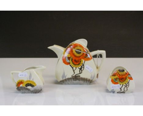 Art Deco Clarice Cliff "Wilkinson" three piece Tea service, the teapot stands approx 13cm at the highest point