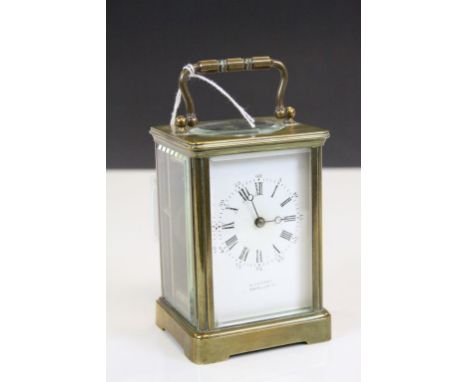 Brass carriage clock, white enamel dial signed A Jarrie Edinburgh, black Roman numerals with Arabic numerals to outer dial, b
