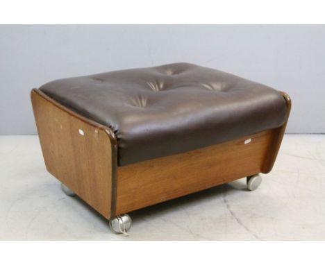 Retro Kofod Larsen G-Plan Teak Saddle Foot Stool with Brown Vinyl Buttoned Seat, 63cms x 52cms x 37cms high