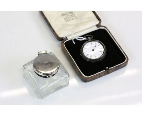 H Samuel Silver fob Pocket watch with Enamel dial &amp; vintage box plus a Stationary Office glass Inkwell with chrome plated