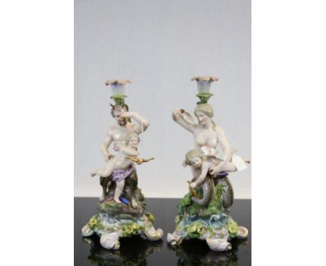 Large pair of 19th century hand painted Meissen ceramic Candlesticks, modelled as a Faun &amp; Mermaid, with Cherubs, both ha