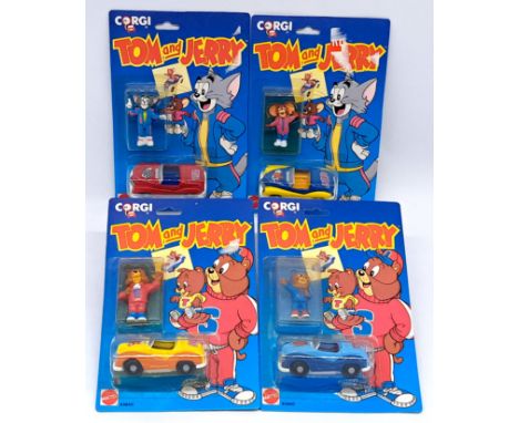 Corgi Mattel Tom and Jerry diecast cars and figure packs x4, within Good to Good Plus sealed packaging, with some slight yell
