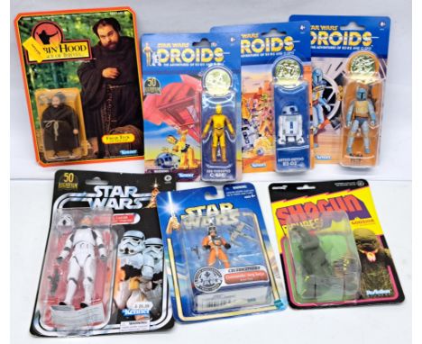 Assortment of carded action figures Lucasfilm 50th Droids Fett, C-3PO, R2-D2 Boba Fett, Kenner vintage Friar Tuck, George Luc