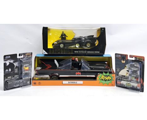 Batman related vehicles and vehicle packs x4, to include McFarlane Toys Classic TV Series Batmobile, NJ CROCE 1:24 scale Batm