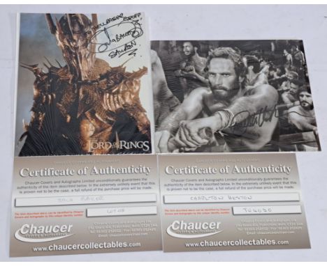 Charlton Heston as Judah Ben-Hur in Ben-Hur signed 8"x10" photo (secretarial signature) and Sala Baker as Sauron in Lord of t