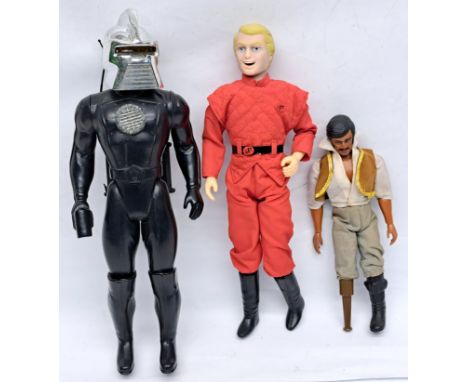 Mattel Battlestar Galactica Cylon Centurian, LJN V Visitor 1984 &amp; 1974 Matchbox Fighting Furies Captain pegleg. Condition
