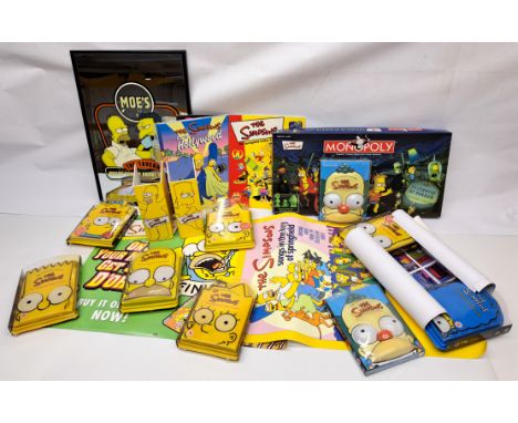 Assortment of Simpsons posters, prints, DVDs, Moe’s Tavern hanging picture mirror (scratched), Monopoly (unchecked for comple