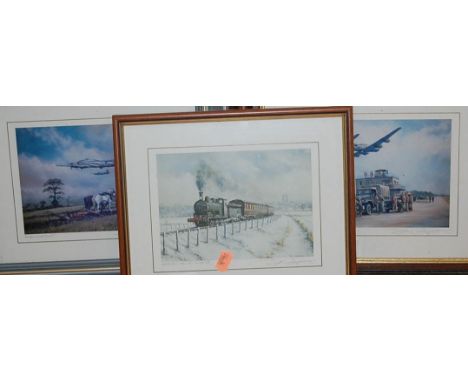 A collection of colour prints depicting WWII RAF fighter jets; and a mass-produced railway print of Waterloo Station