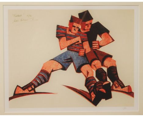 After Sybil Andrews - 'Football', colour print from the limited edition woodblock original, bears pencil singed number 1/850 