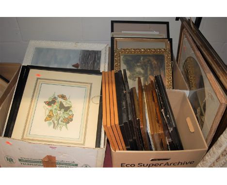 Three boxes of various mixed pictures and prints to include; landscape and portrait studies