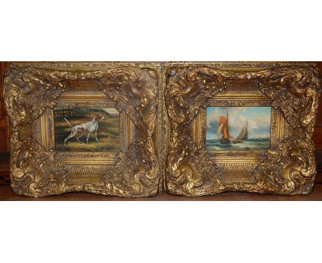A reproduction heavy gilt framed oleograph of sailing vessels in choppy seas; together with a matching example of a hunting h