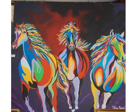 Two large contemporary colour canvas prints; after works by Steven Brown, each 100 x 100cm