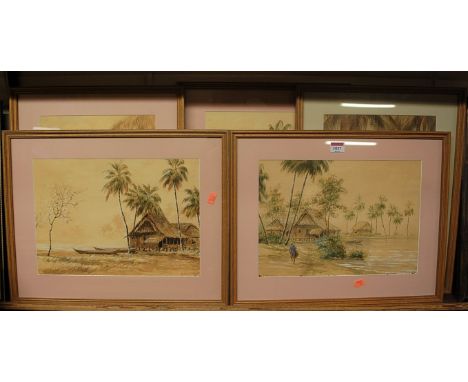 K. Nakajima - Five various watercolour studies of Island beach scenes, each signed, one dated 1928, 34.5 x 25cm