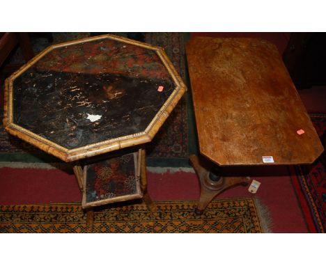 An early 20th century Japanese bamboo and black lacquer inset octagonal topped two-tier occasional table, together with a fur